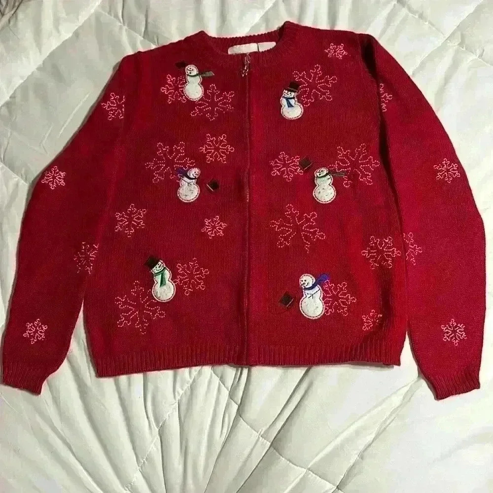 Red Snowman Snowflake Applique Embroidered Womens Zip up Knit Cardigan Small